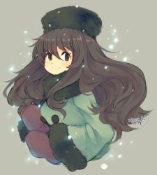 Rule 34 | 1girl, blush, brown hair, character request, coat, green coat, green eyes, green hat, hat, iroyopon, long hair, long sleeves, looking at viewer, mittens, smile, solo
