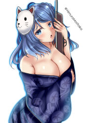 Rule 34 | 1girl, absurdres, blue eyes, blue hair, blue kimono, breasts, cleavage, crossed arms, fox mask, gun, hair bun, highres, himura moritaka, japanese clothes, kantai collection, kimono, large breasts, long hair, looking at viewer, mask, mask on head, off shoulder, official alternate costume, rifle, single hair bun, solo, twitter username, urakaze (kancolle), weapon, white background, wide sleeves, yukata