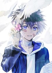 Rule 34 | 1boy, absurdres, bandages, bandaged fingers, bandaged neck, bandages, bandaid, bandaid on arm, bandaid on face, bandaid on hand, bird, blue eyes, blue hair, dove, flower, hair flower, hair ornament, hand up, highres, kamijou touma, looking at viewer, male focus, parted lips, spiked hair, toaru majutsu no index, untit, upper body