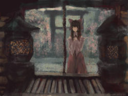 Rule 34 | 1girl, akn, bad id, bad pixiv id, blouse, box, brown hair, donation box, closed eyes, female focus, hakurei reimu, no nose, outdoors, own hands clasped, own hands together, red shirt, rope, shirt, shrine, shrine bell, sleeveless, sleeveless shirt, solo, stone lantern, torii, touhou