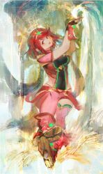 Rule 34 | 1girl, armor, arms up, blush, breasts, brown gloves, daible, earrings, fingerless gloves, full body, gloves, head tilt, headpiece, highres, holding, impossible clothes, jewelry, large breasts, legs, looking at viewer, medium hair, micro shorts, open mouth, pink thighhighs, pyra (xenoblade), red eyes, red footwear, red hair, red shorts, short sleeves, shorts, shoulder armor, sidelocks, sitting, solo, swept bangs, thighhighs, xenoblade chronicles (series), xenoblade chronicles 2