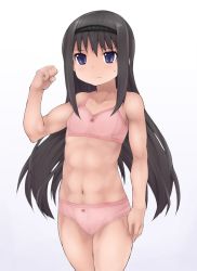 Rule 34 | 10s, 1girl, abs, abubu, akemi homura, black hair, blue eyes, blush, bow, bow bra, bow panties, bra, detexted, female focus, flat chest, flexing, frown, hairband, lingerie, long hair, mahou shoujo madoka magica, muscular, muscular female, navel, panties, pink bra, pink panties, simple background, solo, sports bra, standing, sweatdrop, third-party edit, underwear, underwear only, very long hair