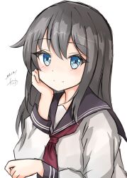 Rule 34 | 1girl, asashio (kancolle), black hair, black sailor collar, blue eyes, blush, closed mouth, commentary request, dakkusu, day, hair between eyes, highres, kantai collection, long hair, long sleeves, looking at viewer, neckerchief, red neckerchief, sailor collar, school uniform, serafuku, shirt, signature, simple background, smile, solo, white background, white shirt