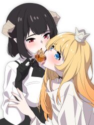 Rule 34 | 2girls, black gloves, black hair, black necktie, black vest, blonde hair, blue eyes, blush, breasts, breath, collar, crown, demon girl, demon horns, dot nose, dress, eyebrows, eyelashes, facial mark, feeding, female focus, food, from side, gloves, hand up, highres, hime-sama &quot;goumon&quot; no jikan desu, hime (himesama goumon), horns, large breasts, lipstick, long hair, long sleeves, looking at another, looking at viewer, makeup, medium hair, multiple girls, necktie, open mouth, osarutukamaeru, petite, red lips, sexually suggestive, shirt, short necktie, simple background, slave, slit pupils, tongue, tongue out, torture tortura, upper body, vest, white background, white dress, white shirt, yuri