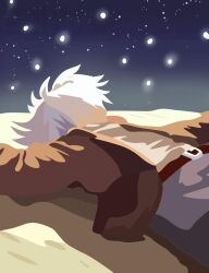 Rule 34 | 1boy, blue pants, brown jacket, closed eyes, closed mouth, hands up, highres, jacket, limited, long hair, lying, mauricio (limited), night, night sky, official art, pants, sand, shirt, sky, white hair, white shirt