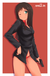 Rule 34 | 10s, 1girl, 2015, a9b (louis814), aqua eyes, brown hair, dated, federica n. doglio, gun, handgun, highres, holding, holding gun, holding weapon, long hair, long sleeves, military, military uniform, panties, red panties, solo, strike witches, underwear, uniform, weapon, world witches series