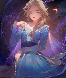 Rule 34 | 1girl, blue dress, blue eyes, blush, braid, breasts, clothes lift, cloud, cloudy sky, commentary, cowboy shot, disney, dress, elsa (frozen), english commentary, expressionless, fingernails, floating, frown, frozen (disney), frozen ii (disney), grey background, hair slicked back, hand on own hip, hand on own shoulder, kawacy, long dress, long sleeves, looking at viewer, medium breasts, moon, night, night sky, see-through, simple background, single braid, sky, snowflake print, solo, sparkle print, standing, twitter username, water, waves, white hair