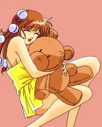 Rule 34 | 1990s (style), 1girl, 5 jikanme no venus, ^ ^, bare arms, bare shoulders, brown hair, closed eyes, fairy dust, game cg, lowres, pc98, pixel art, retro artstyle, smile, solo, stuffed animal, stuffed toy, tagme