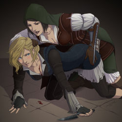 Rule 34 | 2girls, all fours, assassin&#039;s creed: brotherhood, assassin&#039;s creed (series), blade, blonde hair, blue eyes, blush, breasts, brown eyes, brown hair, cleavage, concealed weapon, fingerless gloves, gb (doubleleaf), gloves, hood, injury, lips, multiple girls, short hair, the smuggler, the thief, vambraces, weapon