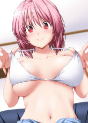 Rule 34 | 1girl, blush, bra, bra pull, breasts, ceiling, clothes pull, indoors, large breasts, looking at viewer, midriff, navel, nori tamago, pink hair, red eyes, saigyouji yuyuko, short hair, sitting, smile, solo, touhou, unaligned breasts, underwear