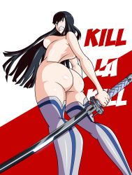Rule 34 | 1girl, absurdres, angry, ass, back, black hair, blue eyes, blue stripes, breasts, grimphantom, highres, huge ass, huge breasts, kill la kill, kiryuuin satsuki, no nipples, nude, sword, thighhighs, thighs, weapon