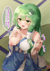 Rule 34 | 1boy, 1girl, :d, bare shoulders, blue skirt, blush, breasts, cleavage, clothes pull, commentary request, covered erect nipples, detached sleeves, frog hair ornament, green eyes, green hair, hair between eyes, hair ornament, hair tubes, hand on own chest, handjob, hands up, happy, highres, indoors, kochiya sanae, long hair, looking at viewer, medium breasts, medium skirt, midriff, midriff peek, navel, nipples, no bra, nontraditional miko, on floor, one breast out, open mouth, partially unzipped, penis, print skirt, sefushi, shirt, shirt pull, skirt, smile, snake hair ornament, solo focus, tatami, touhou, translation request, very long hair, white shirt, wide sleeves