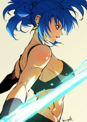 Rule 34 | 1girl, absurdres, artist name, bare shoulders, blue eyes, blue hair, breasts, earrings, elbow gloves, energy, from side, gloves, high ponytail, highres, jewelry, large breasts, leona heidern, midriff, muscular, muscular female, sideboob, sidelocks, solo, strikebeagle, tank top, the king of fighters