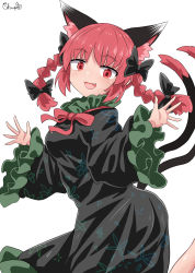 Rule 34 | 1girl, :3, animal ear fluff, animal ears, artist name, black bow, bow, cat ears, cat tail, chups, dress, extra ears, fang, green dress, highres, kaenbyou rin, multiple tails, necktie, open mouth, red bow, red eyes, red hair, smile, solo, tail, touhou, two tails, white background