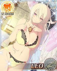 Rule 34 | 10s, 1girl, blonde hair, blush, breasts, card (medium), character name, cleavage, large breasts, leo (senran kagura), looking at viewer, lying, official art, on side, purple eyes, senran kagura, senran kagura new wave, smile, solo, trading card