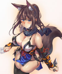 Rule 34 | 1girl, animal ear fluff, animal ears, bare shoulders, black panties, black sash, black thighhighs, blue eyes, blush, breasts, brown hair, closed mouth, commentary request, grey scarf, hair ornament, holding, holding weapon, large breasts, long hair, looking at viewer, mole, mole on breast, original, panties, ponytail, sash, sawaya (mizukazu), scarf, simple background, solo, tail, tan, thighhighs, underwear, weapon, white background