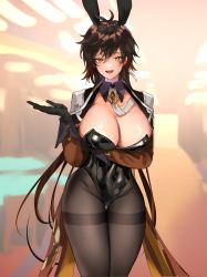 Rule 34 | 1girl, absurdres, animal ears, arm under breasts, bad id, bad twitter id, black gloves, black pantyhose, blurry, blurry background, breasts, brown hair, cleavage, coattails, commentary request, covered navel, detached collar, earrings, fake animal ears, genderswap, genderswap (mtf), genshin impact, gloves, gradient hair, hair between eyes, highres, hominamia, huge breasts, jacket, jewelry, large breasts, leotard, long hair, long sleeves, multicolored hair, necktie, open clothes, open jacket, open mouth, orange hair, pantyhose, playboy bunny, ponytail, rabbit ears, shiny clothes, shiny skin, single earring, smile, solo, strapless, strapless leotard, tassel, tassel earrings, wing collar, yellow eyes, zhongli (genshin impact)