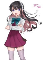 Rule 34 | 1girl, black hair, blazer, bobokuboboku, character name, cowboy shot, crossed arms, dated, fang, grey thighhighs, hair down, hairband, highres, jacket, kantai collection, long hair, looking at viewer, multicolored hair, naganami (kancolle), naganami kai ni (kancolle), one-hour drawing challenge, pink hair, school uniform, simple background, smile, solo, standing, thighhighs, twitter username, two-tone hair, wavy hair, white background, white hairband