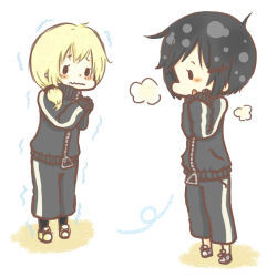 Rule 34 | 2girls, black hair, blonde hair, female focus, kingdom hearts, lowres, multiple girls, namine, standing, track suit, white background, xion (kingdom hearts)