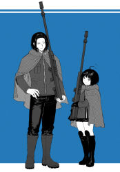 Rule 34 | 1boy, 1girl, absurdres, ahoge, amatori chika, azuma haruaki, blue background, bob cut, boots, breast pocket, cloak, full body, gloves, greyscale with colored background, gun, hand on own hip, height difference, highres, holding, holding gun, holding weapon, jacket, knee boots, long sleeves, looking at another, looking away, looking down, looking up, mnmnwtsn, monochrome, pants, pants tucked in, pocket, rifle, scope, short hair, shorts, simple background, smelling, smile, sniper rifle, standing, uniform, weapon, world trigger