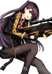 Rule 34 | 1girl, ankle strap, bipod, black footwear, black pantyhose, black skirt, blazer, blush, braid, breasts, bullpup, buttons, collared shirt, double-breasted, french braid, girls&#039; frontline, gloves, gun, hair ribbon, half updo, high-waist skirt, highres, holding, holding gun, holding weapon, jacket, knee up, long hair, looking at viewer, medium breasts, necktie, one side up, open mouth, pantyhose, pelvic curtain, purple hair, red eyes, red necktie, red ribbon, ribbon, rifle, rusi, shirt, simple background, skirt, smile, sniper rifle, solo, tsurime, very long hair, wa2000 (girls&#039; frontline), walther, walther wa 2000, weapon, white background