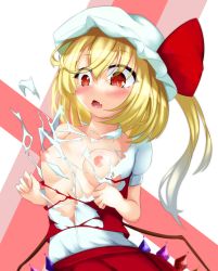 Rule 34 | 1girl, bare shoulders, blonde hair, blouse, blush, breasts, breasts out, commentary request, crystal, embarrassed, exploding clothes, explosion, facing viewer, fangs, flandre scarlet, hands up, hat, hat ribbon, highres, long hair, looking at breasts, looking down, medium hair, nipples, no bra, noriokaki oheso, open mouth, red eyes, red ribbon, red skirt, red vest, ribbon, shirt, side ponytail, skirt, slit pupils, small breasts, solo, surprised, torn clothes, torn shirt, torn vest, touhou, vest, white shirt, wings