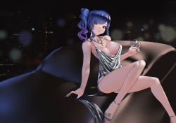 Rule 34 | 1girl, absurdres, azur lane, backless dress, backless outfit, bare shoulders, blue hair, blue nails, breasts, car, cityscape, cleavage, cup, dress, earrings, evening gown, grey dress, halter dress, halterneck, high heels, highres, holding, holding cup, jewelry, large breasts, legs, looking at viewer, motor vehicle, nail polish, necklace, night, night sky, on vehicle, parted lips, pink eyes, plunging neckline, revealing clothes, side ponytail, sidelocks, silver dress, silver footwear, sitting, sky, st. louis (azur lane), st. louis (luxurious wheels) (azur lane), thighs, yoonsemo