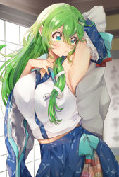 Rule 34 | 1girl, absurdres, armpits, bare shoulders, blue skirt, blush, breasts, commission, detached sleeves, frog hair ornament, green eyes, green hair, hair between eyes, hair ornament, highres, japanese clothes, kochiya sanae, large breasts, long hair, nontraditional miko, pixiv commission, skirt, snake hair ornament, solo, touhou, uchisaki himari, upper body, wide sleeves
