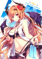 Rule 34 | 1girl, :p, bad id, bad pixiv id, blue sky, breasts, cleavage, cloud, commentary request, curled horns, dark angel olivia, day, flower, food, granblue fantasy, hair flower, hair ornament, highres, homaderi, horns, looking at viewer, medium breasts, navel, olivia (summer) (granblue fantasy), orange hair, popsicle, red eyes, sky, solo, sparkle, swimsuit, tongue, tongue out, wings