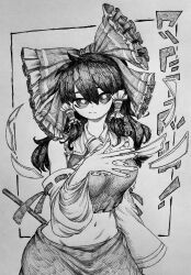 Rule 34 | 1girl, absurdres, arm at side, ascot, bow, chronozbergh, closed mouth, collared shirt, commentary, cowboy shot, detached sleeves, expressionless, frilled bow, frilled hair tubes, frilled shirt collar, frills, grey background, greyscale, hair bow, hair tubes, hakurei reimu, hand up, highres, hip bones, long hair, long sleeves, looking at viewer, midriff, monochrome, navel, ribbon-trimmed sleeves, ribbon trim, shirt, sidelocks, simple background, sleeveless, sleeveless shirt, solo, sound effects, standing, touhou, traditional media, wide sleeves
