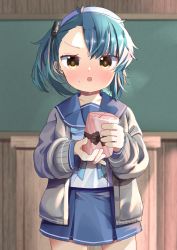 Rule 34 | 1girl, beret, blue hair, blue neckwear, blue sailor collar, blue skirt, blush, brown eyes, cardigan, commentary request, fukae (kancolle), gift, grey cardigan, hat, highres, holding, holding gift, indoors, kantai collection, long sleeves, looking at viewer, mugichoko (mugi no choko), open cardigan, open clothes, parted lips, pleated skirt, sailor collar, school uniform, serafuku, shirt, side ponytail, skirt, solo, standing, sweat, v-shaped eyebrows, valentine, white hat, white shirt