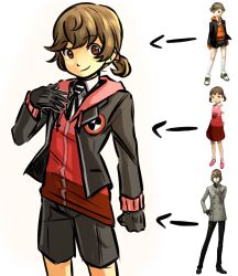 Rule 34 | 1girl, 3boys, absurdres, akechi gorou, amada ken, arrow (symbol), black gloves, black jacket, black shorts, brown eyes, chimerism, commentary, doujima nanako, english commentary, fusion, gimmie20dollas, gloves, highres, hood, hood down, jacket, long sleeves, looking at viewer, male focus, multiple boys, original, persona, persona 3, persona 4, persona 5, ponytail, reference inset, short ponytail, shorts, simple background, smile, white background