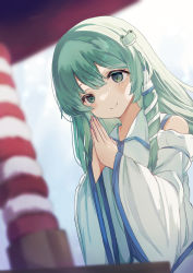 Rule 34 | 1girl, absurdres, bare shoulders, blue skirt, blue sky, blurry, blurry background, closed mouth, collared shirt, detached sleeves, frog hair ornament, gradient sky, green eyes, green hair, hair between eyes, hair ornament, hair tubes, hands up, highres, kochiya sanae, kogalashi, long hair, long sleeves, looking at viewer, moriya shrine, own hands together, shirt, shrine, skirt, sky, smile, snake hair ornament, solo, standing, touhou, white shirt, white sky, wide sleeves