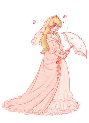 Rule 34 | 1girl, absurdres, alternate costume, bare shoulders, blonde hair, blue eyes, bridal veil, bride, chibi-riri-chan, collar, collared dress, commentary, dress, dress flower, earrings, english commentary, eyelashes, flower, frilled dress, frills, full body, halter dress, halterneck, heart, high collar, highres, holding, holding umbrella, jewelry, layered dress, lipstick, long hair, long sleeves, looking at viewer, makeup, mario (series), necklace, nintendo, pink dress, pink flower, pink lips, pink sleeves, princess peach, puffy long sleeves, puffy sleeves, see-through veil, simple background, solo, teeth, tiara, train (clothing), umbrella, veil, wedding dress, white background, white collar, white dress, white headwear, white umbrella, white veil