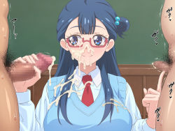 Rule 34 | 1girl, blue eyes, blue hair, blush, breasts, censored, closed mouth, collared shirt, cum, cum on body, cum on breasts, cum on clothes, cum on eyewear, cum on upper body, erection, facial, glasses, hair over shoulder, handjob, highres, hugtto! precure, indoors, large breasts, large penis, legs, long hair, male pubic hair, mosaic censoring, multiple penises, necktie, penis, penis poke, penis size difference, precure, pubic hair, red-framed eyewear, school uniform, shirt, sidelocks, sitting, size difference, small penis, small penis humiliation, smile, solo focus, sound effects, standing, tedain, thighs, upper body, yakushiji saaya