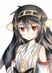 Rule 34 | 10s, 1girl, :/, bad id, bad pixiv id, black hair, brown eyes, close-up, detached sleeves, hairband, haruna (kancolle), kantai collection, long hair, looking at viewer, mobius (suicideloli), mobiusu, nontraditional miko, simple background, solo, white background