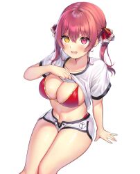 Rule 34 | 1girl, bikini, bikini under clothes, blush, breasts, cleavage, clothes lift, collarbone, commentary request, hair between eyes, hair ribbon, heterochromia, highres, hololive, houshou marine, houshou marine (summer), large breasts, lifted by self, long hair, looking at another, looking at viewer, navel, open mouth, red bikini, red eyes, red hair, red ribbon, ribbon, shirt, shirt lift, short shorts, short sleeves, shorts, simple background, sitting, skindentation, solo, stomach, string bikini, sugamo lain, swimsuit, thighs, twintails, virtual youtuber, white background, white shirt, yellow eyes