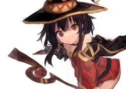 Rule 34 | 1girl, absurdres, bare shoulders, belt, black cape, brown hair, cape, commentary, cowboy shot, dress, female focus, gold trim, hair between eyes, hat, highres, holding, holding staff, kaamin (mariarose753), kono subarashii sekai ni shukufuku wo!, long hair, looking at viewer, megumin, off-shoulder dress, off shoulder, open mouth, parted lips, red dress, red eyes, short dress, sidelocks, simple background, solo, staff, tsurime, white background, witch hat