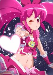 Rule 34 | 1girl, aino megumi, blush, brooch, choker, color connection, cosplay, cure lovely, cure melody, cure melody (cosplay), frills, happinesscharge precure!, heart, heart brooch, jewelry, long hair, look-alike, magical girl, midriff, musical note, navel, one eye closed, pink eyes, pink hair, pink skirt, precure, skirt, solo, suite precure, tj-type1, twintails, v, wink, wrist cuffs