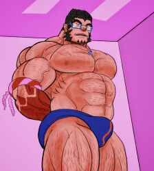 Rule 34 | 1boy, absurdres, arms behind back, bara, blue male underwear, briefs, bulge, colored skin, forked eyebrows, from below, glasses, gradient skin, hachimaki, hairy, headband, highres, huge pectorals, indoors, jewelry, looking ahead, looking at viewer, magatama, magatama necklace, male focus, male underwear, mature male, muscular, muscular male, mutton chops, necklace, nejiri hachimaki, red skin, short hair, solo, sparse arm hair, sparse chest hair, sparse leg hair, sparse navel hair, standing, strongman waist, taigaabozusukii, tajikarao (housamo), thick eyebrows, thick thighs, thighs, tokyo houkago summoners, tusks, underwear