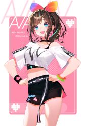 1girl :d absurdres bare_shoulders belt blonde_hair blue_eyes blush bow breasts brown_hair crop_top hairband hands_on_own_hips highres kizuna_ai kizuna_ai_inc. long_hair looking_at_viewer medium_breasts multicolored_hair official_alternate_costume open_mouth pink_hair pink_hairband ponytail pro-p shorts smile solo streaked_hair thighhighs virtual_youtuber wristband