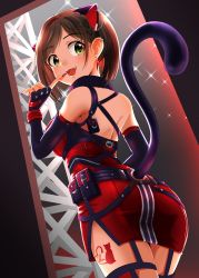 Rule 34 | 1girl, :d, animal ears, ass, back, black gloves, blush, breasts, brown hair, cat ears, cat tail, commentary request, dress, ear piercing, earrings, elbow gloves, fang, finger to mouth, fingerless gloves, gloves, green eyes, highres, idolmaster, idolmaster cinderella girls, idolmaster cinderella girls starlight stage, jewelry, large breasts, leg tattoo, lips, looking at viewer, looking back, maekawa miku, nail polish, open mouth, piercing, red dress, red nails, short hair, smile, solo, standing, swepot, tail, tattoo, thighhighs