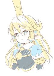 Rule 34 | &gt;:), 1girl, armor, blonde hair, blue eyes, breastplate, charlotta (granblue fantasy), closed mouth, commentary request, crown, granblue fantasy, hair between eyes, harvin, long hair, looking at viewer, meito (maze), mini crown, pointy ears, puffy short sleeves, puffy sleeves, short sleeves, simple background, smile, solo, v-shaped eyebrows, white background