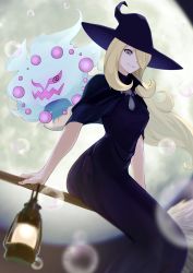 Rule 34 | 1girl, absurdres, alternate color, alternate costume, arm support, black dress, black headwear, blonde hair, blurry, broom, broom riding, bubble, commentary request, creatures (company), cynthia (pokemon), dress, eyelashes, floating hair, from below, game freak, gen 4 pokemon, grey eyes, hair over one eye, halloween, hat, highres, lantern, long hair, looking down, nintendo, parted lips, pokemon, pokemon (creature), pokemon dppt, shiny pokemon, sitting, smile, spiritomb, witch, witch hat, yanagi (soke yanagi)