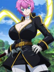 Rule 34 | 1girl, blue eyes, breasts, cleavage, coat, collarbone, energy whip, fairy tail, gloves, hand on own hip, huge breasts, looking at viewer, pink hair, red wizard (artist), short hair, sky, smile, solo, third-party edit, tree, virgo (fairy tail), white gloves