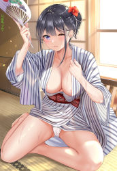 Rule 34 | 1girl, areola slip, barefoot, black hair, blush, breasts, cleavage, collarbone, flower, hair flower, hair ornament, hair up, hand fan, highres, holding, holding fan, japanese clothes, kimono, large breasts, looking at viewer, mole, mole on cheek, mole under mouth, muka tsuku, no bra, obi, one eye closed, open mouth, original, panties, purple eyes, sash, short hair, sidelocks, sitting, solo, sweat, thighs, underwear, white panties, wide sleeves, yukata