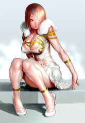 Rule 34 | 1girl, bracelet, breasts, brown hair, censored, cleavage, convenient censoring, convenient leg, covered erect nipples, female focus, full body, fur, hair over one eye, high heels, jewelry, large breasts, lipstick, makeup, no bra, red eyes, shoes, short hair, sitting, skirt, solo, sugiura yoshio