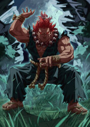 Rule 34 | 1boy, akuma (street fighter), colored sclera, dougi, highres, male focus, muscular, muscular male, red hair, red sclera, rope belt, sandals, short hair, short ponytail, solo, street fighter, yagi2013
