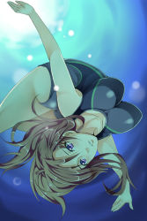 Rule 34 | 1girl, arched back, ass, bad id, bad pixiv id, bare arms, blue eyes, breasts, brown hair, cleavage, collarbone, competition swimsuit, diving, freediving, kaeru (ka=l), large breasts, long hair, one-piece swimsuit, original, outstretched arms, solo, spread arms, swimming, swimsuit, underwater, upside-down