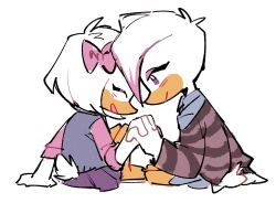 Rule 34 | 2girls, arm support, bird, blush, bow, collared shirt, commentary, disney, duck, ducktales, dyed bangs, english commentary, furry, furry female, furry with furry, hair bow, highres, holding hands, knees up, lena de spell, long sleeves, multicolored hair, multiple girls, pink bow, pink hair, pink shirt, purple eyes, shirt, simple background, sitting, smile, striped clothes, striped shirt, sweater vest, two-tone hair, webby vanderquack, white background, white hair, winteamelon, yokozuwari, yuri